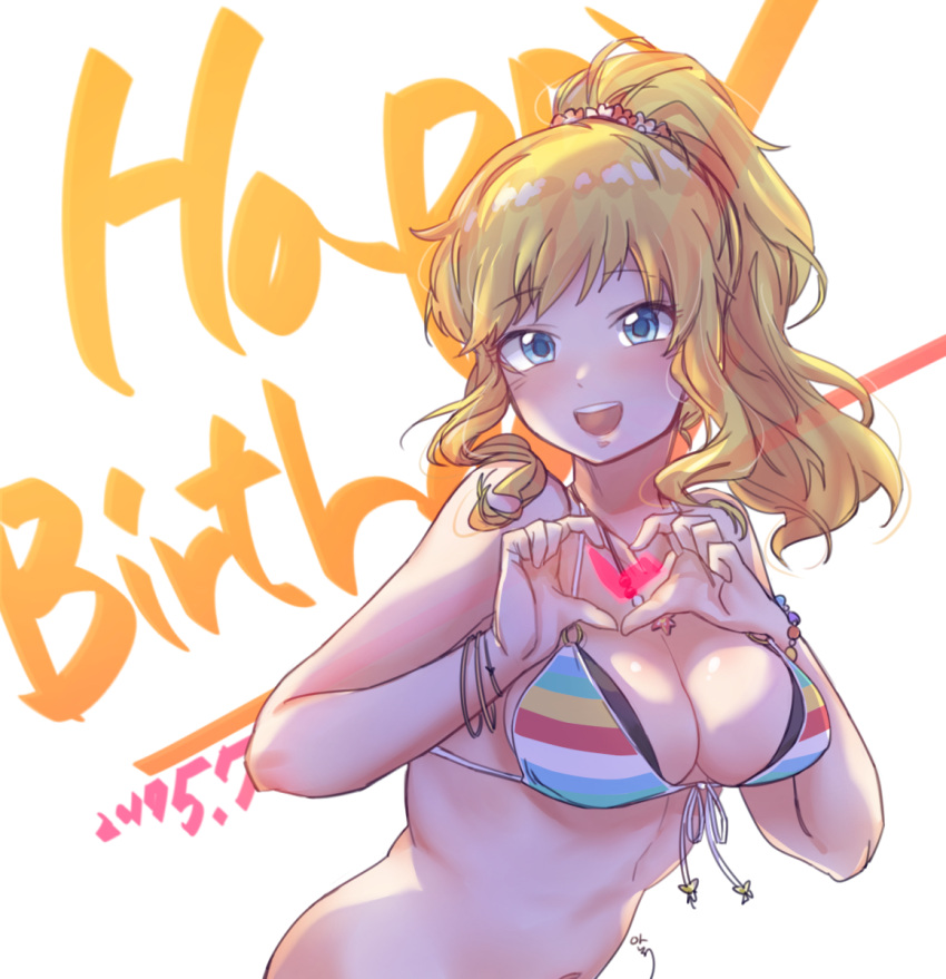 1girl :d aningay blonde_hair blue_eyes blush breasts cleavage dated front-tie_bikini front-tie_top hair_ornament hair_scrunchie happy_birthday heart heart_hands highres idolmaster idolmaster_cinderella_girls large_breasts long_hair ootsuki_yui open_mouth ponytail scrunchie smile solo striped_bikini_top