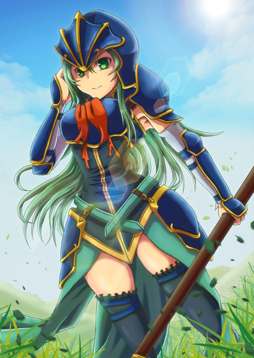 1girl arm_guards armor breastplate fire_emblem fire_emblem:_akatsuki_no_megami fire_emblem:_souen_no_kiseki grass green_eyes green_hair helm helmet highres holding holding_spear holding_weapon long_hair looking_at_viewer nephenee outdoors pauldrons polearm sky smile solo spear sun thigh-highs weapon