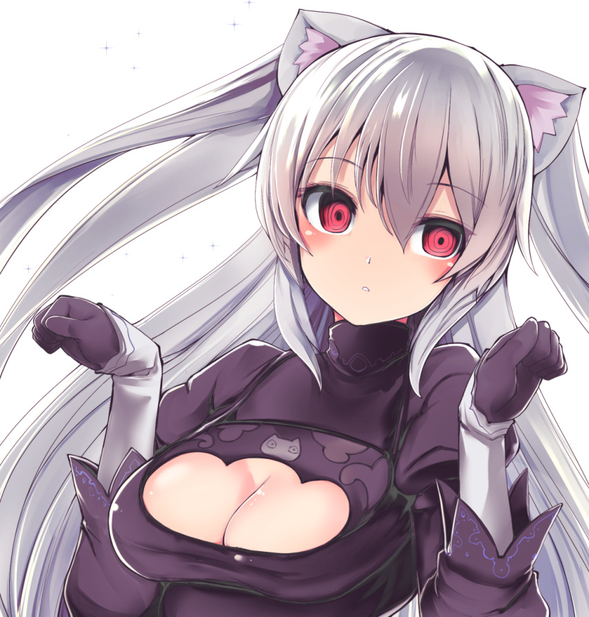 al_bhed_eyes animal_ears bangs black_dress black_gloves blush breasts cat_ears cleavage cleavage_cutout commentary_request cosplay dress eyebrows_visible_through_hair gloves hair_between_eyes hands_up head_tilt juliet_sleeves long_hair long_sleeves looking_at_viewer medium_breasts nier_(series) nier_automata nora_cat nora_cat_channel parted_lips puffy_sleeves red_eyes silver_hair sleeves_past_wrists takara_akihito two_side_up very_long_hair yorha_no._2_type_b yorha_no._2_type_b_(cosplay)