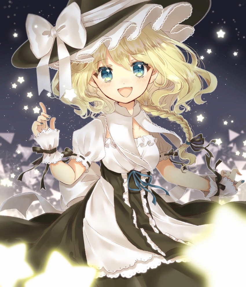 1girl :d alternate_eye_color blonde_hair blue_eyes braid breasts capelet cleavage_cutout commentary danmaku dress fingernails hat highres hyr_uuu kirisame_marisa looking_at_viewer medium_breasts nail_polish night night_sky open_mouth short_hair_with_long_locks single_braid sky smile solo star touhou wavy_hair witch_hat wrist_cuffs