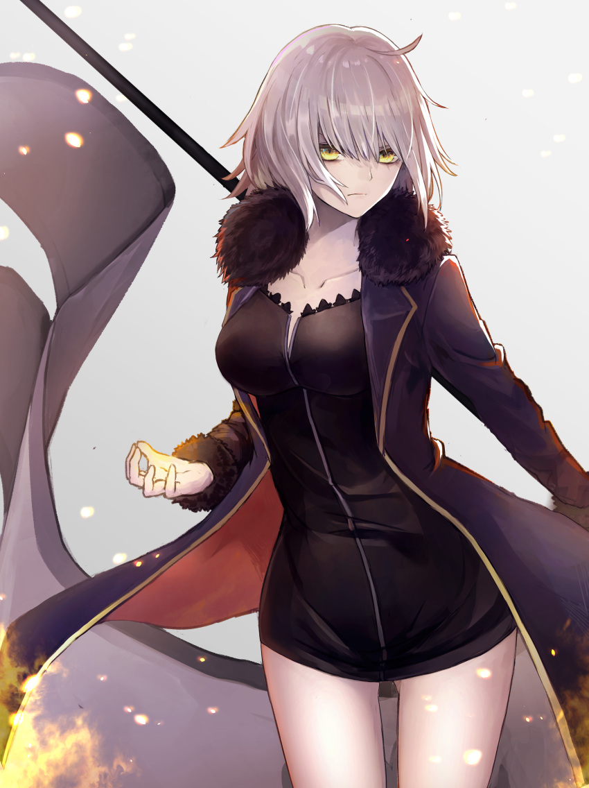 1girl absurdres ahoge bangs black_dress black_jacket breasts closed_mouth collarbone commentary_request cowboy_shot dress fate/apocrypha fate/grand_order fate_(series) fur-trimmed_sleeves fur_collar fur_trim gluteal_fold grey_background hair_between_eyes highres jacket jeanne_d'arc_(alter)_(fate) jeanne_d'arc_(fate)_(all) long_sleeves medium_breasts open_clothes open_jacket short_hair silver_hair simple_background solo yellow_eyes yukihama