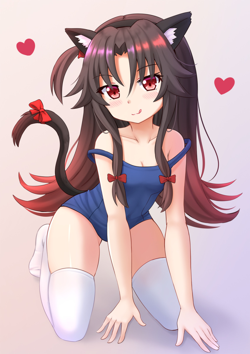 1girl :q all_fours animal_ears black_hair cat_ears cat_tail commentary fake_animal_ears highres kazenokaze long_hair looking_at_viewer one_side_up red_eyes ryuuou_no_oshigoto! school_swimsuit smile solo swimsuit tail thigh-highs tongue tongue_out white_legwear yashajin_ai
