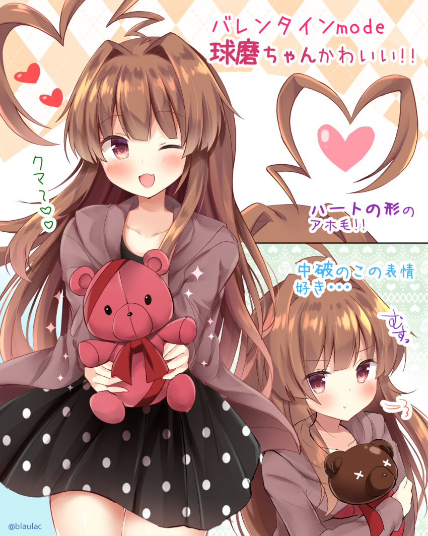 1girl ahoge alternate_costume blush brown_eyes brown_hair collarbone commentary_request fang heart heart_ahoge highres huge_ahoge kantai_collection kuma_(kantai_collection) long_hair long_sleeves masayo_(gin_no_ame) multiple_views one_eye_closed open_mouth polka_dot pout smile stuffed_animal stuffed_toy teddy_bear translation_request twitter_username