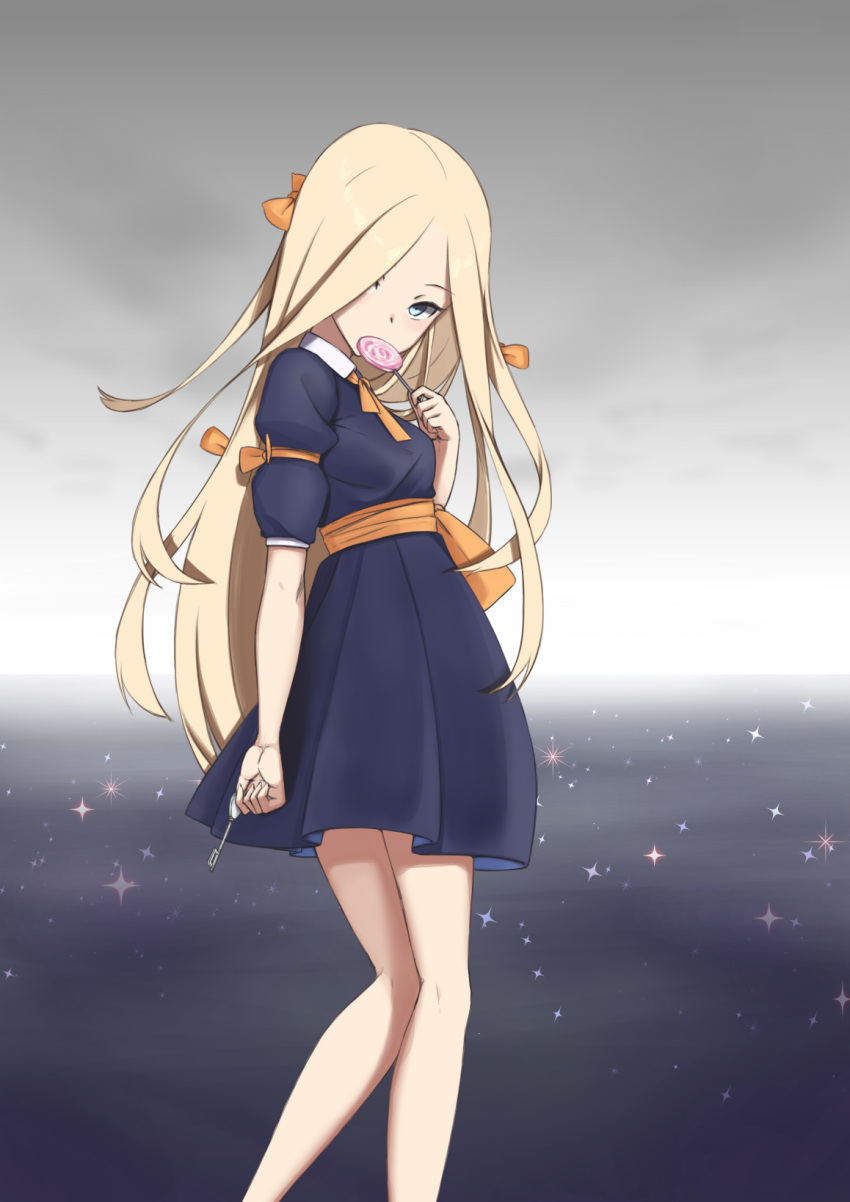 1girl abigail_williams_(fate/grand_order) alternate_costume black_dress blonde_hair blue_eyes bow breasts candy collared_dress commentary_request dress fate/grand_order fate_(series) fingernails food hair_bow highres holding holding_key holding_lollipop jilu key lollipop long_hair looking_at_viewer orange_bow pleated_dress puffy_short_sleeves puffy_sleeves short_sleeves small_breasts solo sparkle swirl_lollipop very_long_hair