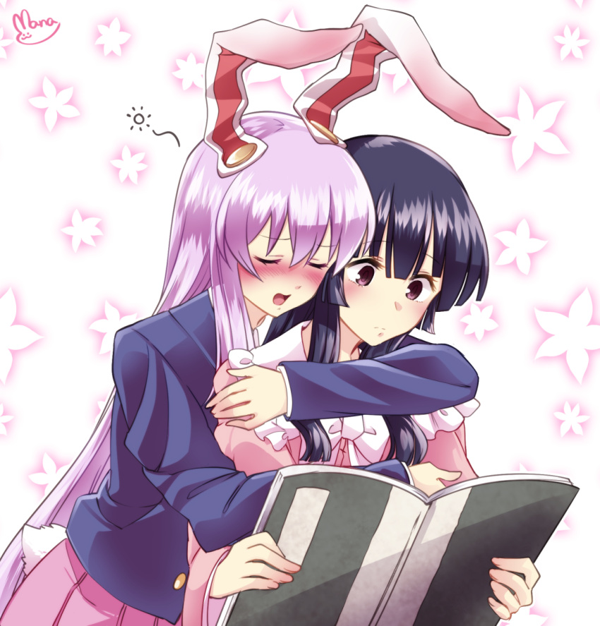 2girls animal_ears arm_around_neck bangs black_hair blazer blunt_bangs blush book bow bunny_tail closed_eyes commentary_request eyebrows_visible_through_hair holding holding_book houraisan_kaguya hug hug_from_behind jacket long_hair long_sleeves mana_(tsurubeji) multiple_girls nose_blush open_mouth pink_shirt pink_skirt pleated_skirt purple_hair rabbit_ears reisen_udongein_inaba shirt sidelocks simple_background skirt star tail touhou very_long_hair violet_eyes white_background white_bow wide_sleeves yuri