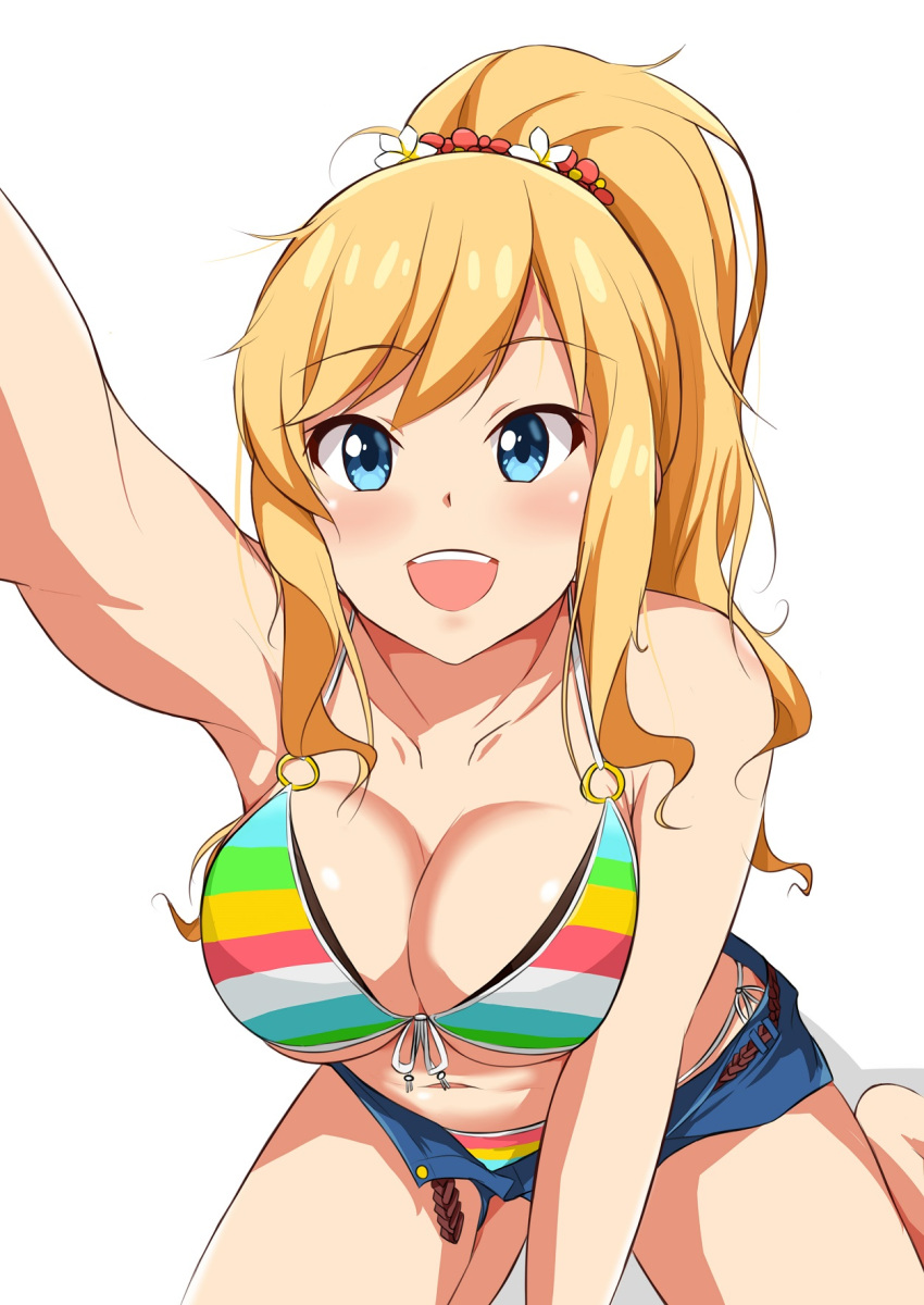 1girl :d bikini bikini_under_clothes blonde_hair blue_eyes blush breasts cleavage front-tie_bikini front-tie_top hair_ornament highres idolmaster idolmaster_cinderella_girls idolmaster_cinderella_girls_starlight_stage kneeling large_breasts leaning_forward long_hair looking_at_viewer nemo_1988 ootsuki_yui open_mouth outstretched_arm ponytail short_shorts shorts side-tie_bikini smile solo striped striped_bikini swimsuit unbuckled_belt