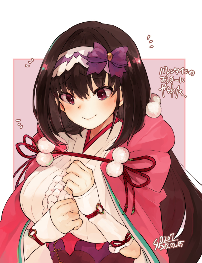 1girl bow breasts brown_hair clenched_hands dated fate/grand_order fate_(series) hairband highres hood hoodie japanese_clothes large_breasts long_hair looking_down o-ring osakabe-hime_(fate/grand_order) purple_bow seta-u signature smile solo tears upper_body violet_eyes