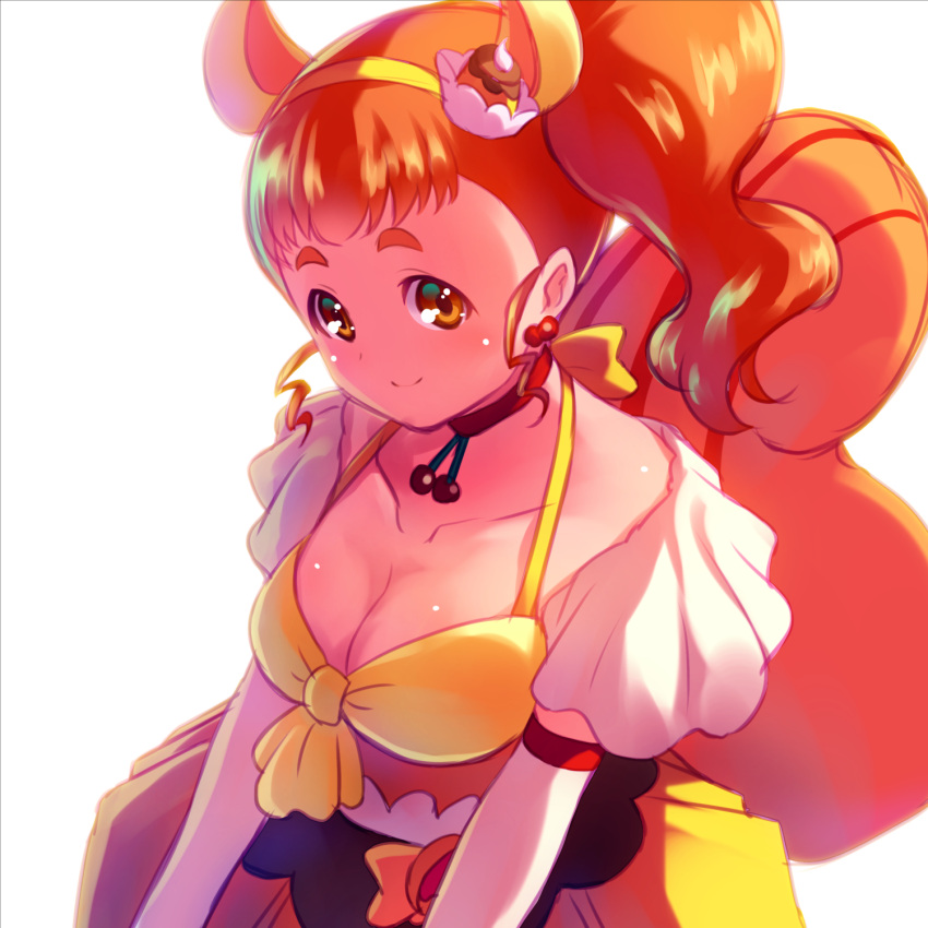 1girl alternate_breast_size animal_ears arisugawa_himari breasts brown_eyes brown_hair cake_hair_ornament choker cleavage closed_mouth commentary_request cure_custard earrings food_themed_hair_ornament hair_ornament highres jewelry kirakira_precure_a_la_mode looking_at_viewer medium_breasts precure red_choker sayousuke side_ponytail simple_background smile solo squirrel_ears squirrel_tail tail white_background