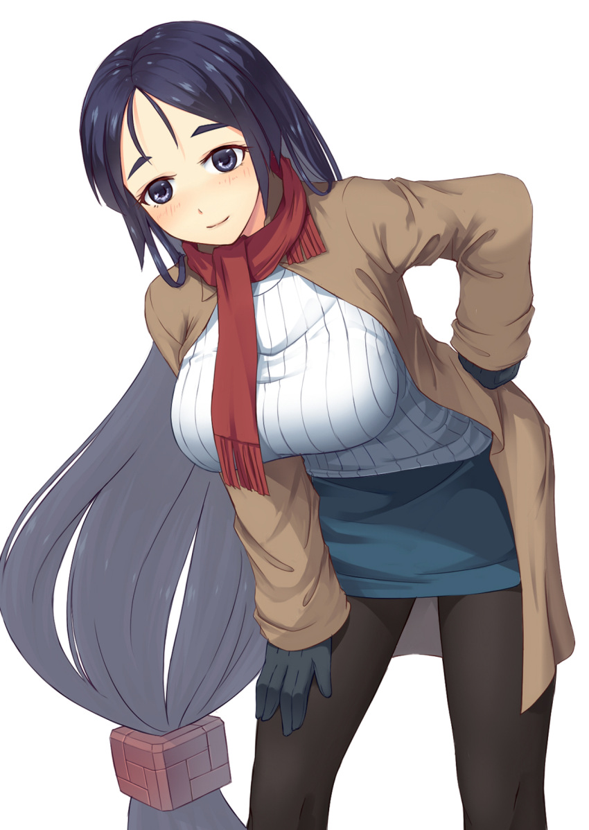 1girl bangs black_eyes black_gloves black_hair black_legwear blue_skirt breasts brown_coat casual closed_mouth coat fate/grand_order fate_(series) forehead fringe gloves hand_on_hip hand_on_own_thigh hanging_breasts highres large_breasts leaning_forward legs_apart long_hair long_sleeves looking_at_viewer low-tied_long_hair minamoto_no_raikou_(fate/grand_order) open_clothes open_coat pantyhose parted_bangs red_scarf scarf simple_background skirt smile solo srwsrx_(gp03dsrx) standing sweater very_long_hair white_background white_sweater