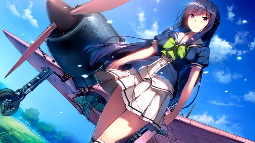 1girl aircraft airplane black_hair day dutch_angle highres hinasaki_you hitotsu_ane_no_tsubasa_no_shita_de jinno_nahoko kneehighs long_hair official_art outdoors pleated_skirt red_eyes short_sleeves skirt smile solo standing