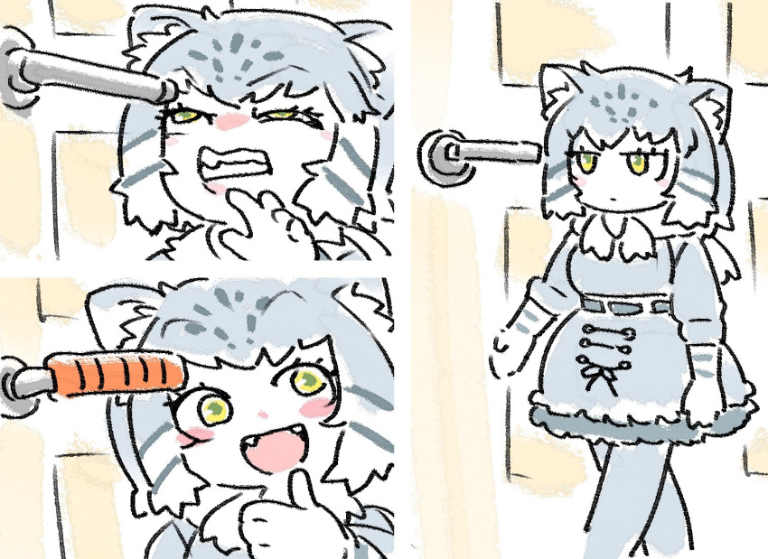 1girl :d animal_ears blush_stickers cat_ears clenched_teeth door door_handle fang grey_hair kemono_friends multiple_views nowar1112 open_mouth pallas's_cat_(kemono_friends) parody photo-referenced sketch smile teeth thumbs_up walking yellow_eyes