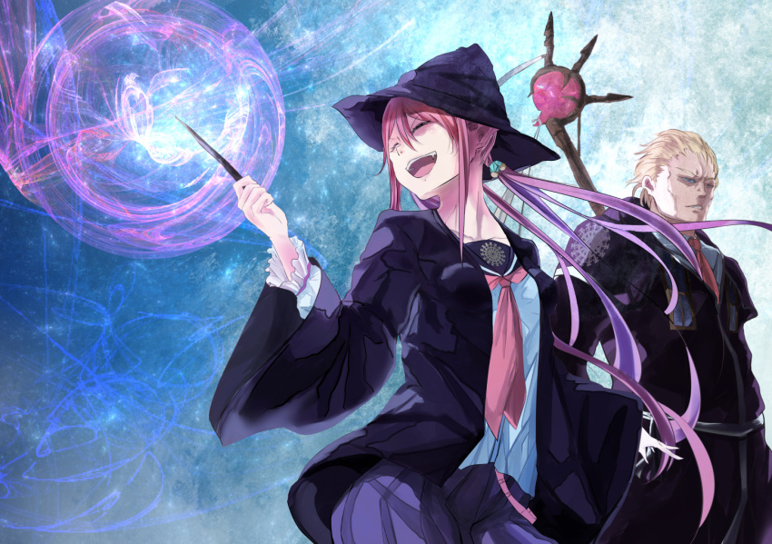 1boy 1girl black_coat breasts character_request hat original school_uniform short_hair staff tomas_(kaosu22) wand wizard_hat