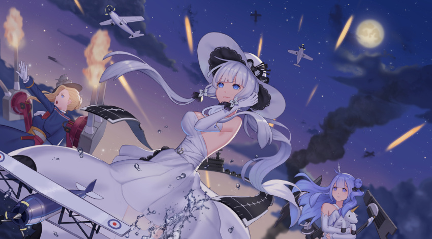 adjusting_hair ahoge aircraft airplane answer_(l_c123) azur_lane biplane blonde_hair blue_eyes clouds cloudy_sky commentary_request detached_sleeves doll_hug dress elbow_gloves full_moon gloves hair_bun hair_ribbon hat highres hood_(azur_lane) illustrious_(azur_lane) long_hair looking_at_viewer machinery moon night night_sky one_side_up purple_hair ribbon side_bun sky smile smoke stuffed_animal stuffed_pegasus stuffed_toy stuffed_unicorn sun_hat tri_tails turret unicorn_(azur_lane) union_jack violet_eyes white_dress white_hair wind