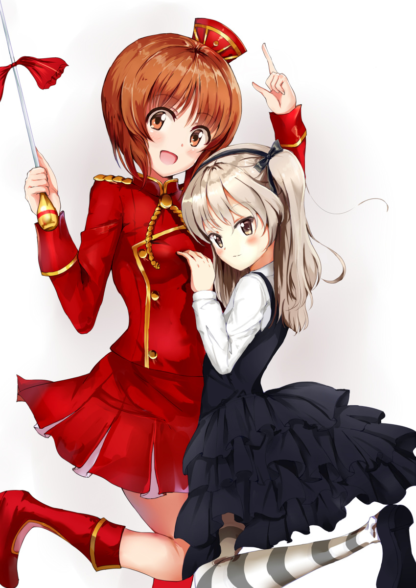 2girls absurdres alternate_costume bangs baton black_footwear black_legwear black_ribbon boots brown_eyes brown_hair casual closed_mouth collared_shirt commentary cowboy_shot double-breasted epaulettes eyebrows_visible_through_hair girls_und_panzer hair_ribbon hat high-waist_skirt highres holding jacket layered_skirt leaning_on_person leg_up light_brown_hair light_smile long_hair long_sleeves looking_at_viewer looking_back majorette medium_skirt miniskirt multiple_girls nishizumi_miho open_mouth pleated_skirt pointing pointing_up red_footwear red_hat red_jacket red_ribbon red_skirt ribbon rikopin shimada_arisu shirt shoes short_hair side_ponytail simple_background skirt skirt_set smile standing standing_on_one_leg striped striped_legwear suspender_skirt suspenders white_background white_shirt