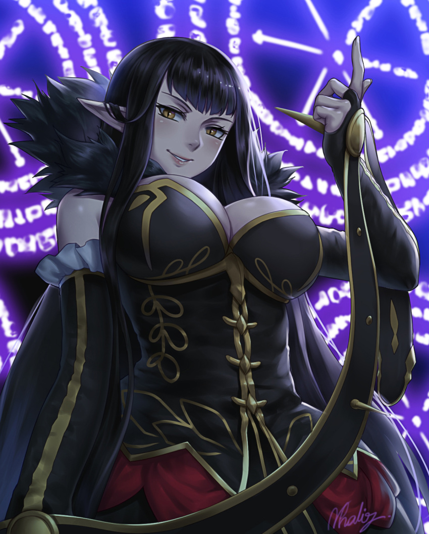 1girl black_dress black_hair breasts bridal_gauntlets cleavage dress elbow_gloves fate/apocrypha fate_(series) fur_trim gloves highres large_breasts long_dress long_hair looking_at_viewer looking_down magic_circle natsuyu pointy_ears semiramis_(fate) solo spikes very_long_hair yellow_eyes