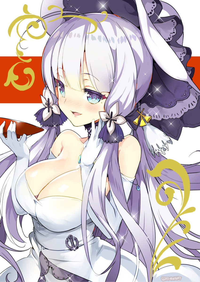 1girl :d alcohol azur_lane bare_shoulders blue_eyes breasts choker cleavage commentary_request cup dress elbow_gloves gloves hair_tubes hat highres illustrious_(azur_lane) large_breasts long_hair looking_at_viewer mole mole_under_eye naitou_ryuu off-shoulder_dress off_shoulder open_mouth sakazuki silver_hair simple_background smile solo sun_hat tri_tails white_gloves