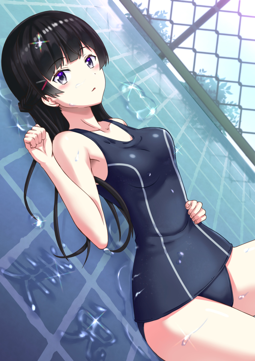 1girl bangs black_hair black_swimsuit blunt_bangs braid chain-link_fence character_name commentary_request cowboy_shot dutch_angle fence french_braid hair_ornament hairclip highres long_hair lying mikazuki_seiyuu old_school_swimsuit school_swimsuit solo swimsuit tsukino_mito violet_eyes virtual_youtuber water