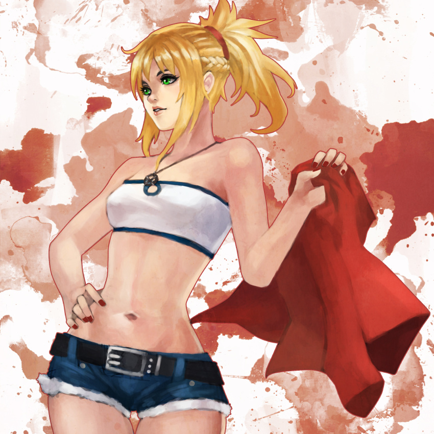 1girl absurdres bandeau blonde_hair braid breasts denim denim_shorts fate/apocrypha fate_(series) french_braid green_eyes hair_ornament hair_scrunchie hand_on_hip highres holding_jacket jacket jacket_removed jewelry looking_to_the_side monori_rogue mordred_(fate) mordred_(fate)_(all) nail_polish navel pendant red_nails red_scrunchie scrunchie shorts small_breasts solo thigh_gap