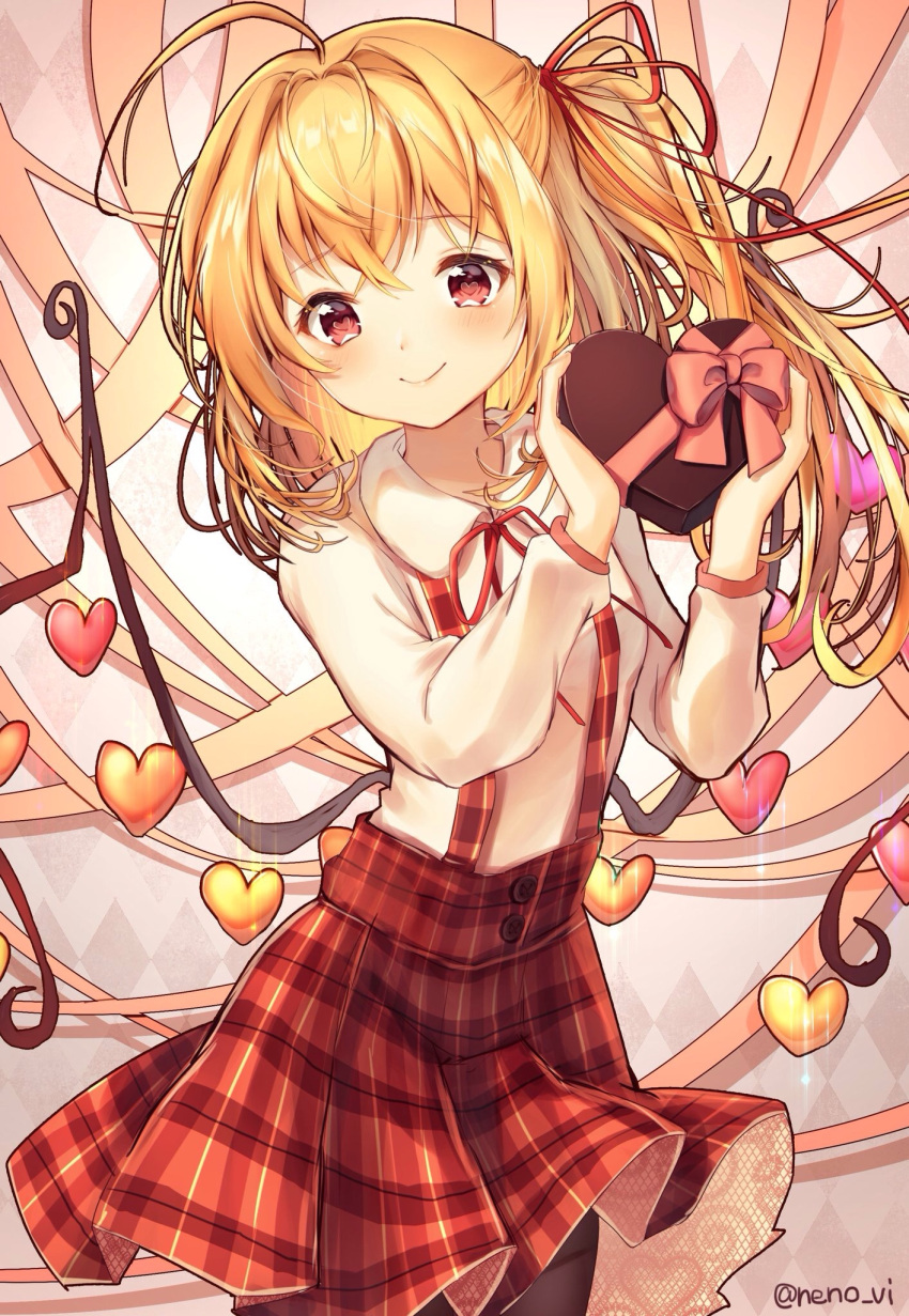1girl alternate_costume artist_name black_legwear blonde_hair bow box box_of_chocolates breasts commentary_request cowboy_shot flandre_scarlet heart heart-shaped_box highres holding holding_box looking_at_viewer neck_ribbon neno_(nenorium) no_hat no_headwear pantyhose pink_bow plaid plaid_skirt red_eyes red_neckwear red_ribbon red_skirt ribbon shirt side_ponytail skirt small_breasts smile solo standing suspender_skirt suspenders touhou twitter_username valentine white_shirt wings