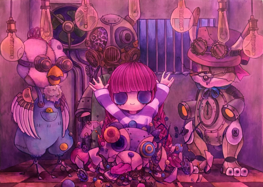 1girl blue_eyes cell chicken fan gears indoors lightbulb long_hair natoyuka original purple_hair rabbit robot striped_shirt stuffed_animal tagme