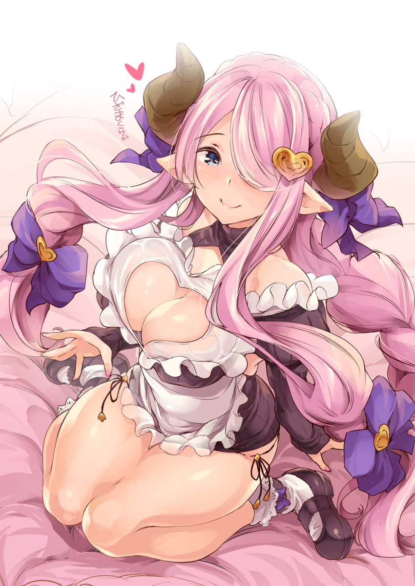 1girl apron black_sweater blue_eyes blush bobby_socks bow braid breasts cleavage commentary_request doraf granblue_fantasy hair_bow hair_ornament hair_over_one_eye heart heart_hair_ornament highres horns large_breasts long_hair long_sleeves looking_at_viewer narumeia_(granblue_fantasy) panties pink_hair pointy_ears purple_bow ribbed_sweater side-tie_panties sitting smile socks solo sweater thomasz translation_request underwear wariza white_legwear