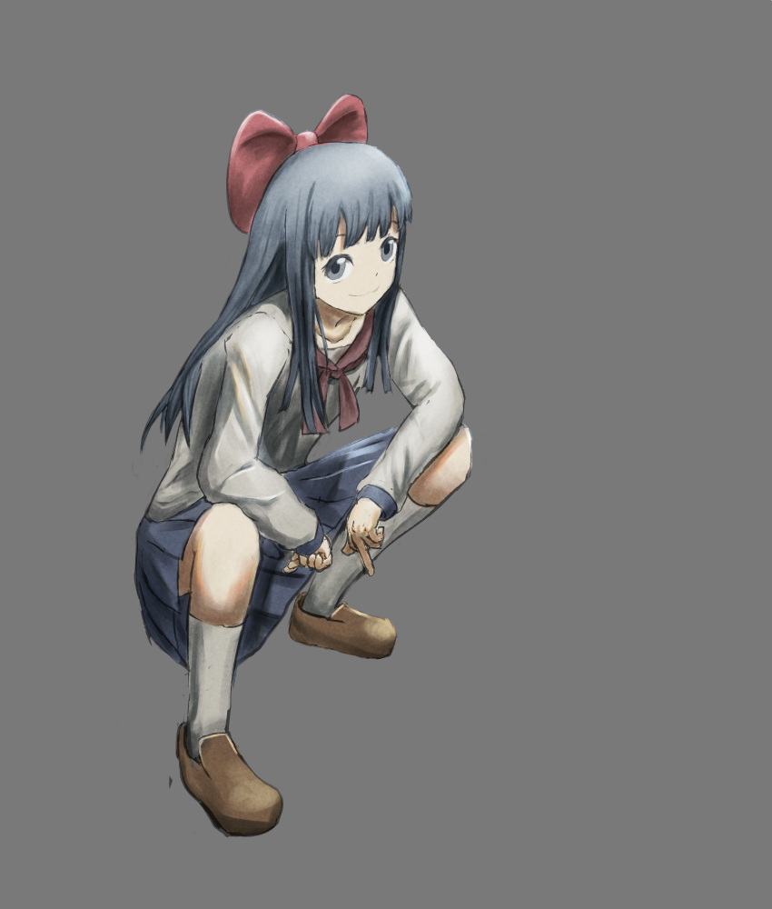 1girl bangs blue_hair blue_skirt bow brown_footwear commentary_request full_body grey_background grey_eyes hair_bow highres kafuka_(t4nm1-z) kerchief kneehighs long_sleeves looking_at_viewer middle_finger pipimi pleated_skirt poptepipic red_bow red_kerchief school_uniform serafuku shirt simple_background skirt squatting white_shirt