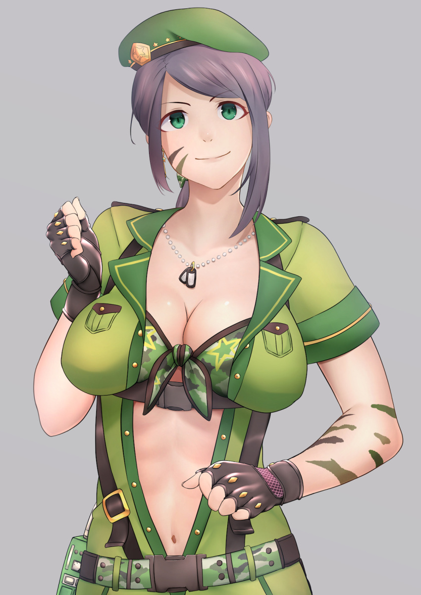 1girl abs asymmetrical_hair belt beret bikini bikini_top black_hair bodypaint breast_pocket breasts camouflage camouflage_bikini chest_strap clenched_hand dog_tags facepaint fingerless_gloves front-tie_bikini front-tie_top gloves gobi_(sobmobink) green_eyes hat highres idolmaster idolmaster_cinderella_girls idolmaster_cinderella_girls_starlight_stage large_breasts long_hair looking_at_viewer military military_uniform navel pocket ponytail radio short_sleeves simple_background smile solo stomach swimsuit uniform upper_body yamato_aki