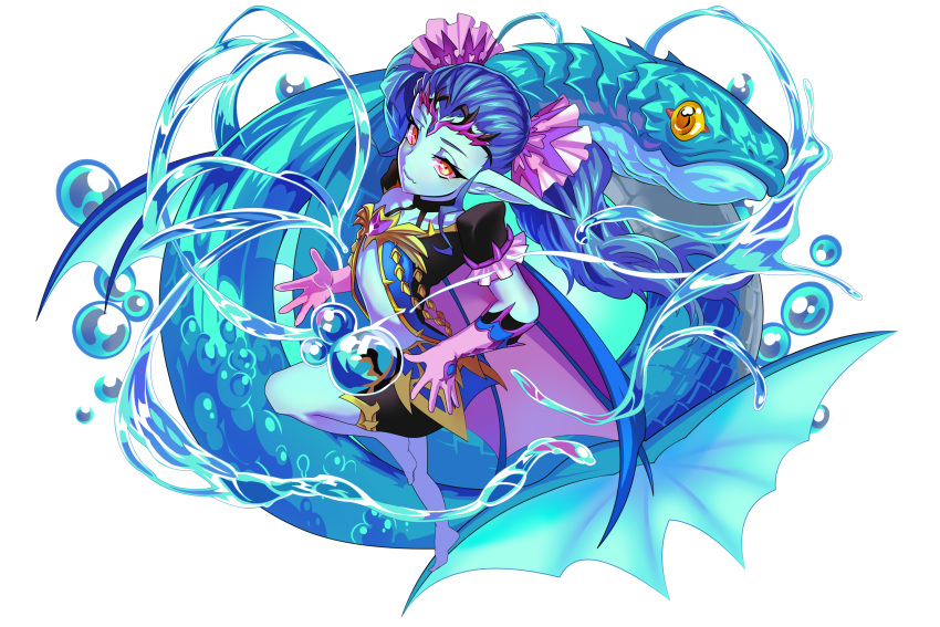 1girl barefoot blue_hair blue_skin bubble circlet dragon_egg fish flat_chest gloves hair_ornament highres long_hair looking_at_viewer midriff pointy_ears purple_gloves red_eyes short_sleeves standing standing_on_one_leg water yasu8hasu