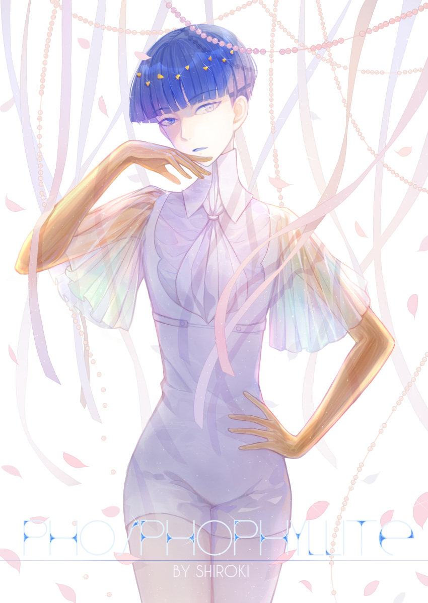 androgynous artist_name bangs blue_eyes blue_hair blunt_bangs character_name golden_arms hand_on_hip heterochromia highres houseki_no_kuni looking_at_viewer phosphophyllite phosphophyllite_(ll) see-through shiroki short_hair shorts solo spoilers white_eyes