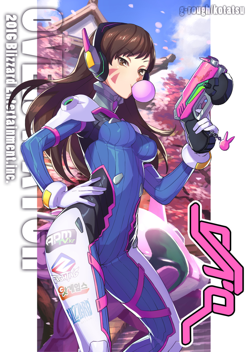 1girl armor artist_name bangs bodysuit boots bracer breasts brown_eyes brown_hair bubble_blowing chewing_gum cowboy_shot d.va_(overwatch) facepaint facial_mark finger_on_trigger gloves gun hand_up headphones highres holding holding_gun holding_weapon kotatsu_(g-rough) long_hair long_sleeves medium_breasts overwatch pauldrons petals pilot_suit ribbed_bodysuit shoulder_pads skin_tight solo thigh-highs thigh_boots thigh_strap turtleneck watermark weapon whisker_markings white_footwear white_gloves