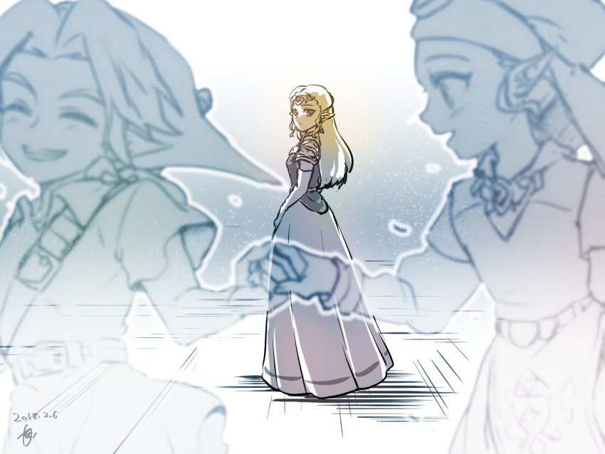 1boy age_progression blonde_hair blue_eyes blush dress hat highres link long_dress long_hair momen_(6p6) pointy_ears princess_zelda short_hair smile the_legend_of_zelda the_legend_of_zelda:_ocarina_of_time young_link young_zelda younger
