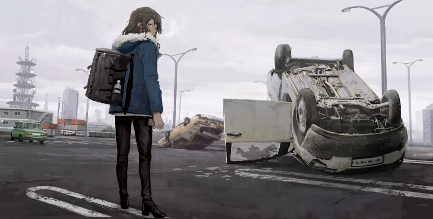 1girl absurdres backpack bag black_footwear black_pants boots bottle broken_glass building car car_crash cigarette city clouds cloudy_sky copyright_request day fur_trim glass ground_vehicle highres holding hood hood_down hooded_jacket jacket lamppost light_brown_hair long_hair long_sleeves looking_at_viewer looking_back motor_vehicle outdoors pants parking_lot road sky smoke smoking solo standing tomiya_(tomiya2117) vehicle_request water_bottle winter_clothes