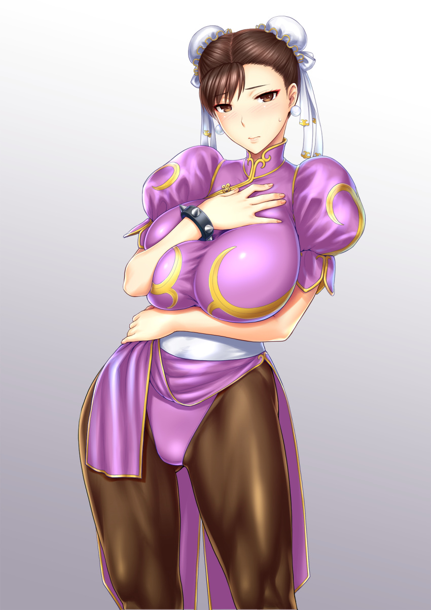 1girl alternate_breast_size alternate_color bangs blush bracelet breasts brown_legwear bun_cover china_dress chinese_clothes chun-li double_bun dress earrings eyeshadow gradient gradient_background grey_background hand_on_own_chest highleg highleg_leotard highres huge_breasts impossible_clothes jewelry leotard lips makeup pantyhose pelvic_curtain pink_dress pink_leotard puffy_sleeves shiny shiny_clothes shiny_hair short_sleeves solo spiked_bracelet spikes st.germain-sal street_fighter sweatdrop swept_bangs