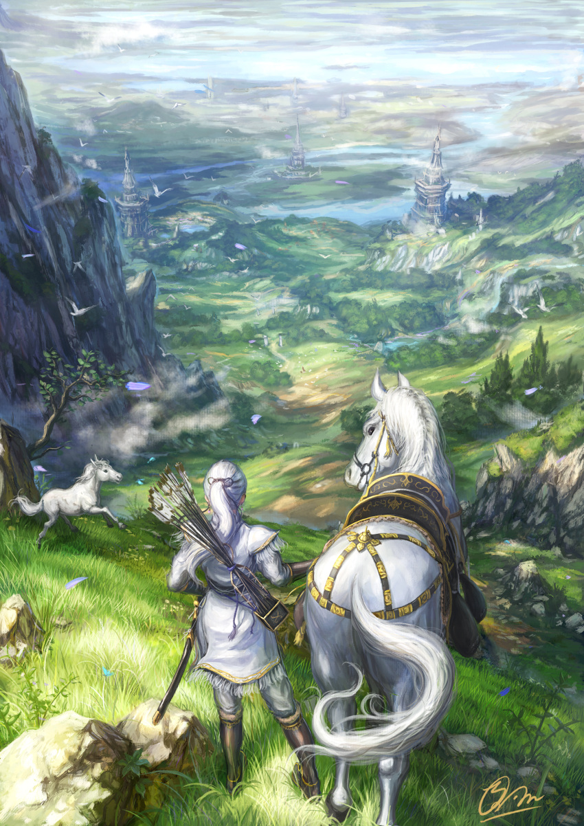 ambiguous_gender arrow bird fantasy grass highres horse makkou_4 original ponytail quiver saddle scenery sheath sheathed signature sword weapon white_hair white_horse