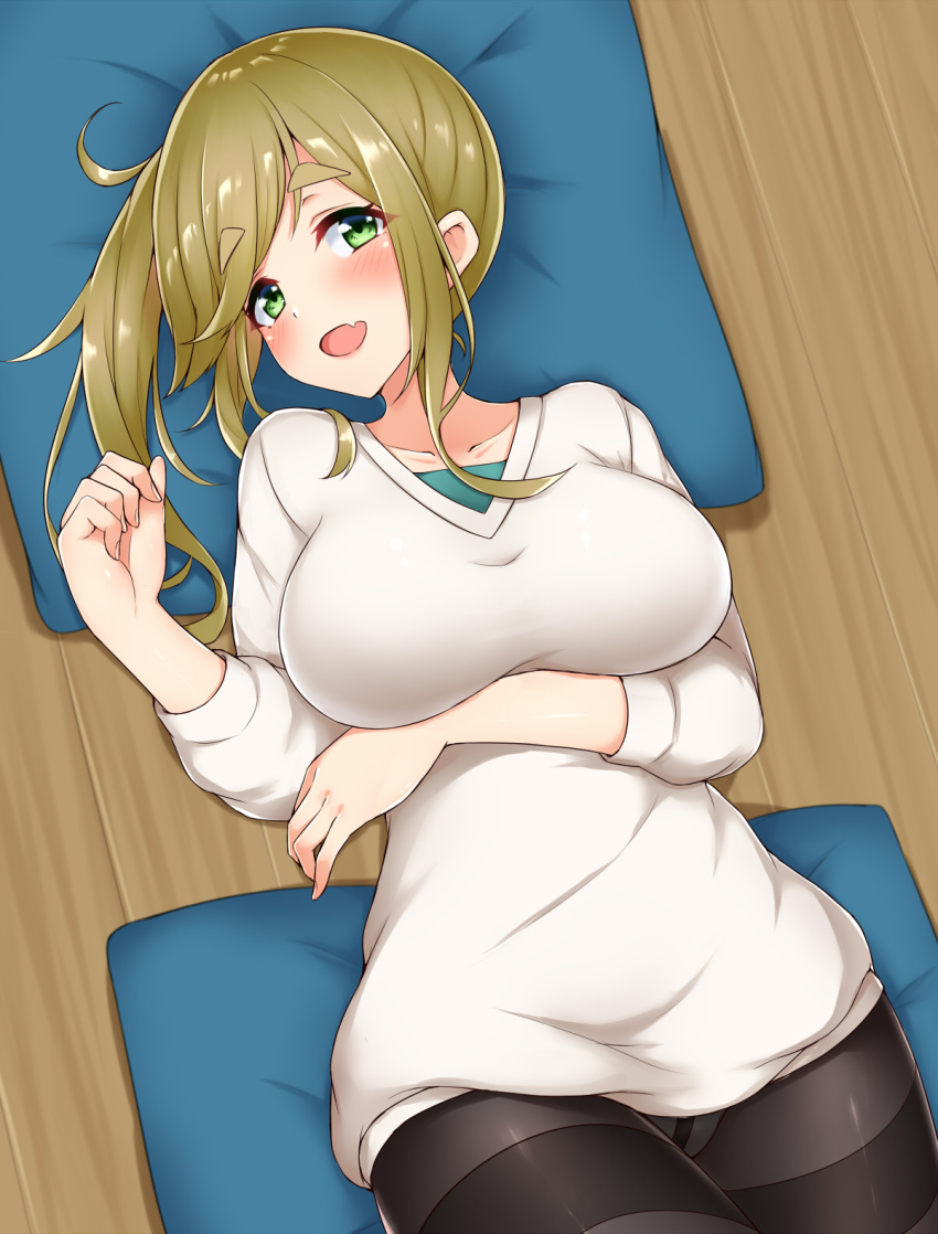 1girl black_legwear blue_pillow blush breast_hold breasts brown_hair collarbone commentary_request etan14 eyebrows_visible_through_hair fang green_eyes highres indoors inuyama_aoi large_breasts looking_at_viewer lying medium_sleeves on_back on_floor open_mouth pantyhose side_ponytail solo sweater thick_eyebrows undershirt white_sweater wooden_floor yurucamp