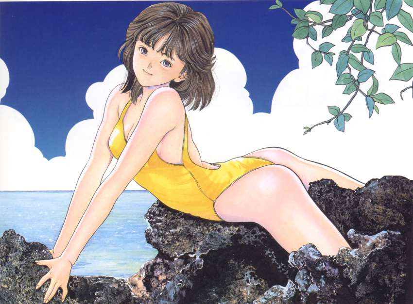 1girl 90s arm_support ass brown_eyes brown_hair clouds dated day den'ei_shoujo hayakawa_moemi katsura_masakazu leaf lying ocean on_stomach one-piece_swimsuit outdoors red_eyes short_hair smile solo swimsuit v_arms water yellow_swimsuit