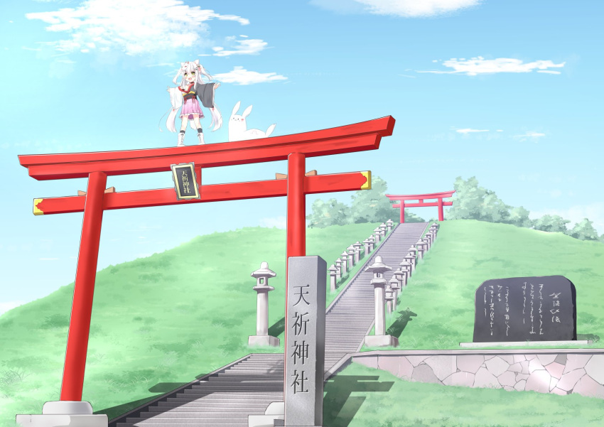 1girl :d animal animal_ears bell blue_sky boots clouds commentary_request fox_ears fox_girl fox_mask fox_tail frilled_skirt frills grass hair_bell hair_ornament hairclip highres japanese_clothes kimono kouda_suzu landscape long_hair long_sleeves mask obi off_shoulder open_mouth original outstretched_arms sash skirt sky smile spread_arms stairs standing standing_on_object stone_lantern tail torii translated twintails white_hair wide_sleeves