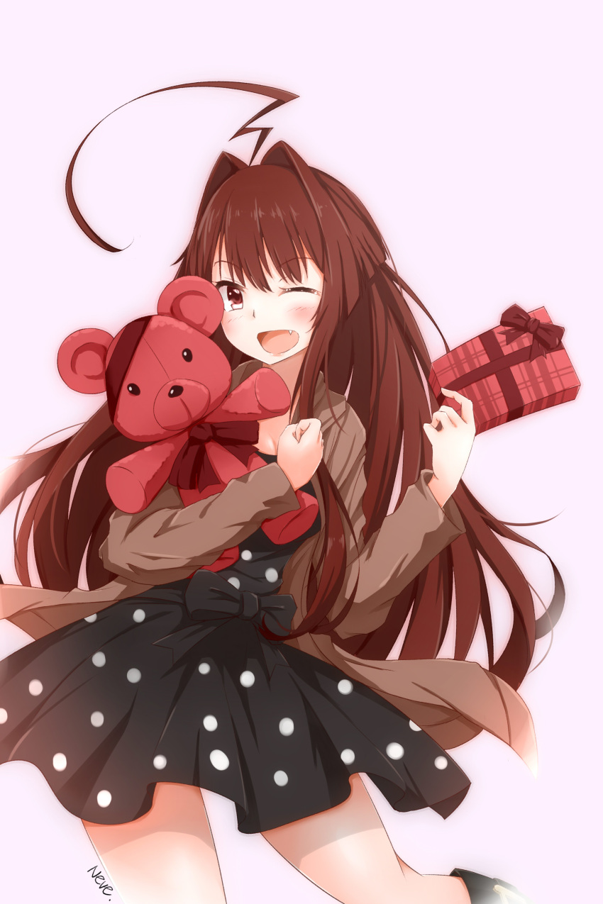 1girl absurdres ahoge artist_name bangs black_dress blush boots bow_dress breasts brown_hair brown_jacket cleavage clenched_hand dated dress eyebrows_visible_through_hair fang gift hair_intakes highres holding holding_gift holding_stuffed_animal hood hooded_jacket hoodie huge_ahoge jacket kantai_collection kuma_(kantai_collection) logo long_hair looking_at_viewer neve object_hug one_eye_closed one_leg_raised open_mouth pink_background polka_dot polka_dot_dress red_eyes ribbon sidelocks simple_background smile solo stuffed_animal stuffed_toy teddy_bear v very_long_hair