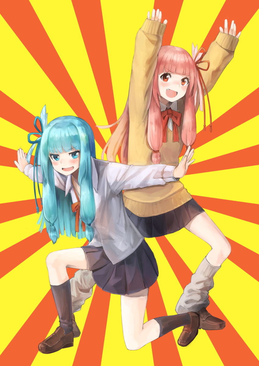 2girls :d aqua_eyes aqua_hair arms_up bangs black_legwear blunt_bangs blush bow bowtie brown_footwear commentary_request eyebrows_visible_through_hair fang full_body hair_ornament highres kotonoha_akane kotonoha_aoi loafers long_hair long_sleeves looking_at_viewer loose_socks multiple_girls netamaru one_knee one_side_up open_mouth outstretched_arms pink_hair pleated_skirt pose red_eyes red_neckwear school_uniform shirt shoes siblings sidelocks sisters skirt sleeves_past_wrists smile smug socks spread_arms standing sweater twins two-tone_background v-shaped_eyebrows voiceroid white_legwear white_shirt wing_collar