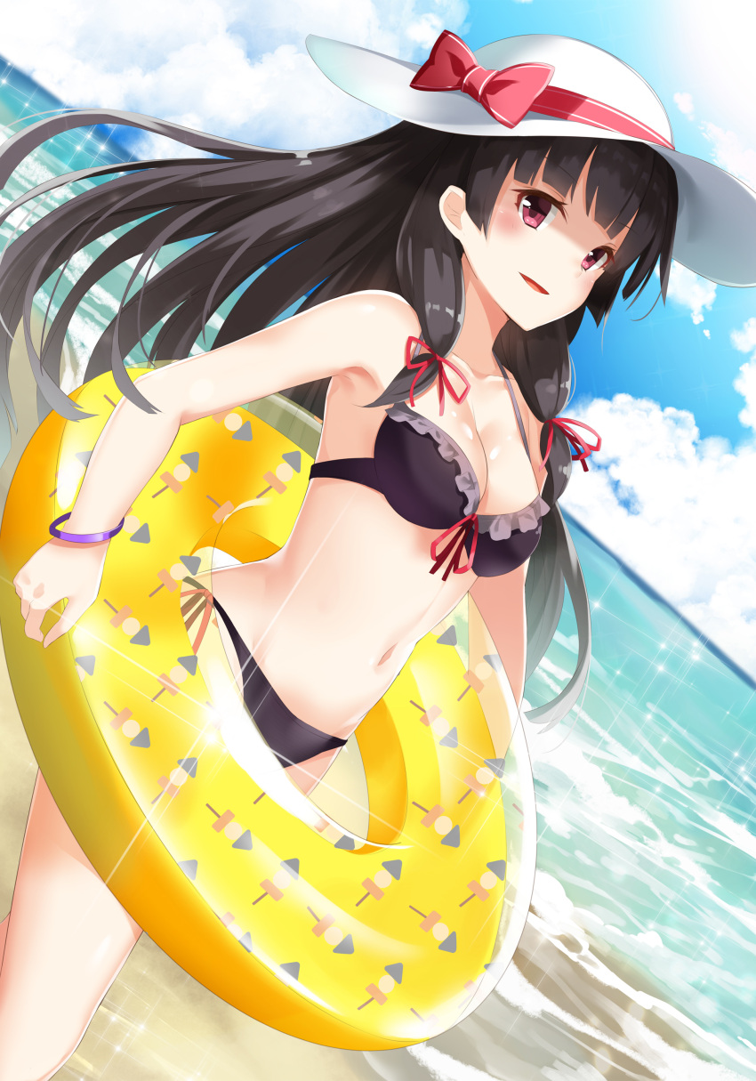1girl absurdres beach bikini black_hair bow breasts cleavage clouds cloudy_sky contrapposto day dutch_angle eyebrows_visible_through_hair fisheye front-tie_bikini front-tie_top hat hat_bow highres horizon innertube isokaze_(kantai_collection) kantai_collection long_hair looking_at_viewer lossy-lossless medium_breasts navel outdoors pink_eyes side-tie_bikini sky smile solo sparkle sun_hat swimsuit takehana_note wristband