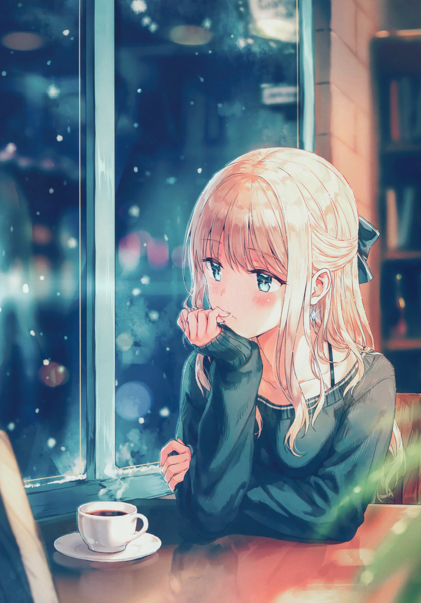 1girl absurdres bangs blonde_hair blue_eyes blue_ribbon blurry blush bokeh bra_strap cafe chair chin_rest coffee collarbone cup depth_of_field earrings elbows_on_table eyebrows_visible_through_hair hair_ribbon half_updo hand_on_own_arm hand_on_own_chin highres hiten_(hitenkei) indoors jewelry kagurazaka_reina long_hair long_sleeves looking_away looking_out_window looking_to_the_side off_shoulder original ribbon saucer scan sitting sleeves_past_wrists snow solo steam sweater table teacup upper_body window wistful