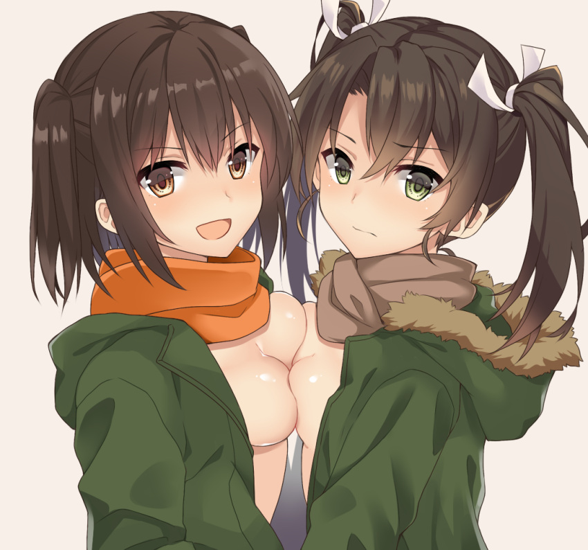 2girls :d alternate_costume black_hair breasts brown_eyes brown_hair commentary_request green_eyes hair_between_eyes kantai_collection lavender_background long_hair long_sleeves multiple_girls open_mouth orange_scarf scarf sendai_(kantai_collection) short_hair simple_background small_breasts smile twintails two_side_up yuzuttan zuikaku_(kantai_collection)