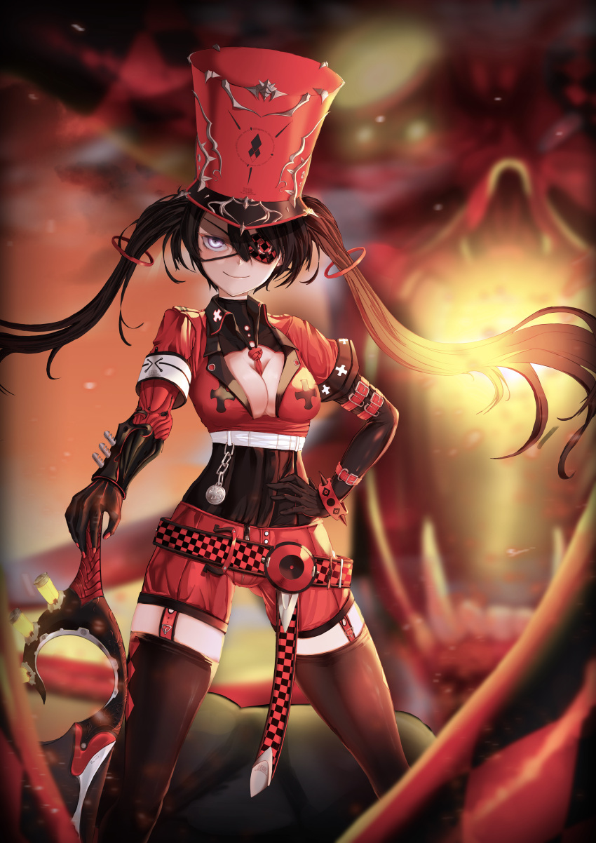 1girl absurdres belt black_hair breasts cleavage eyepatch hand_on_hip hat highres original panamuru shorts smile sword thigh-highs top_hat twintails weapon