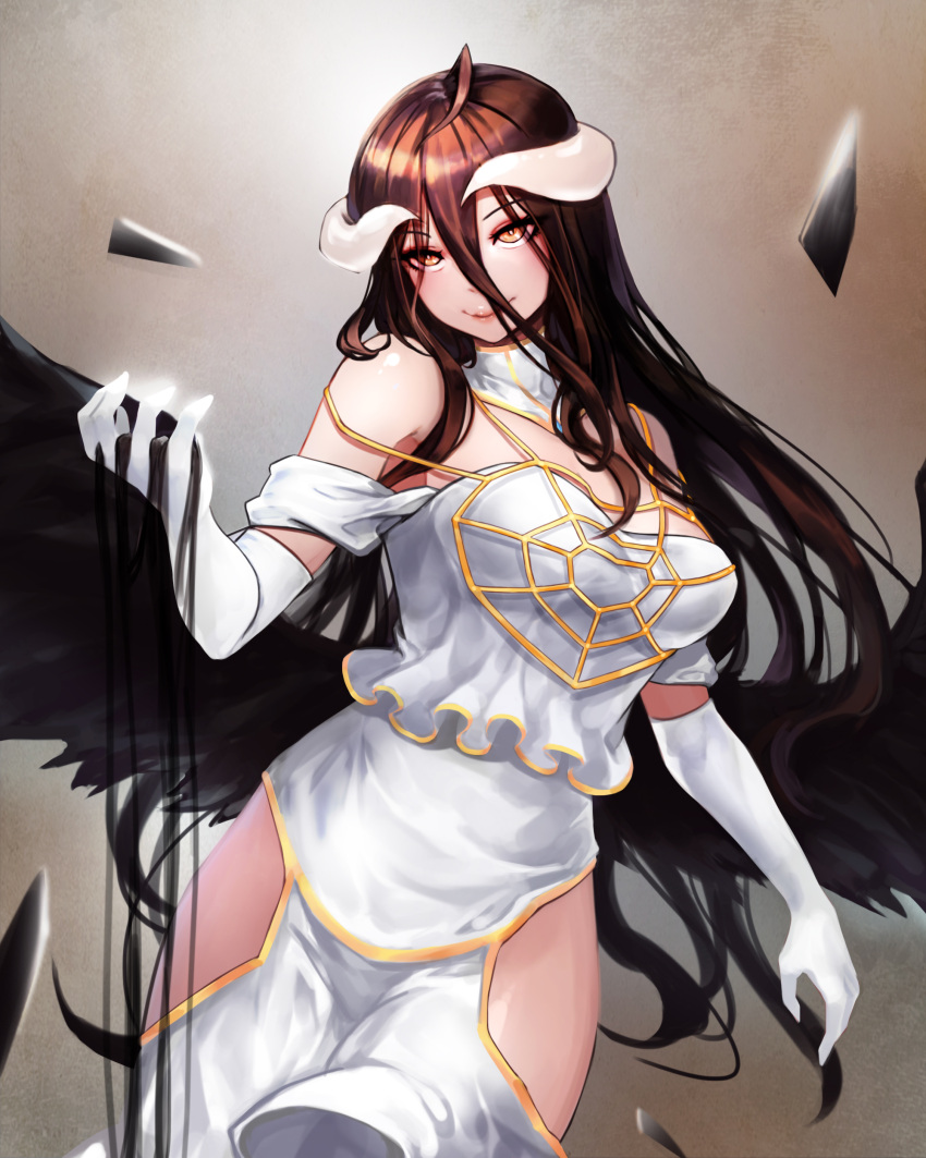 1girl absurdres ahoge albedo bare_shoulders black_hair black_wings breasts cleavage cowboy_shot detached_collar dress elbow_gloves feathered_wings gloves highres horns kibellin long_hair looking_at_viewer orange_eyes overlord_(maruyama) side_cut slit_pupils white_dress white_gloves wings