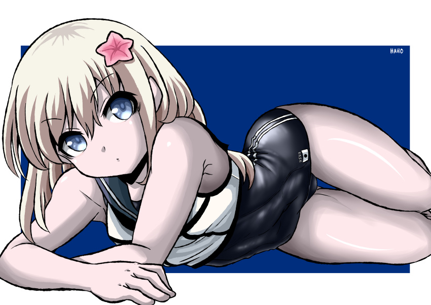 1girl absurdres artist_name black_neckwear black_sailor_collar black_swimsuit blonde_hair blue_eyes cosplay cowboy_shot crop_top flower haho hair_flower hair_ornament highres kantai_collection looking_at_viewer lying on_side one-piece_swimsuit pale_skin ro-500_(kantai_collection) ro-500_(kantai_collection)_(cosplay) sailor_collar school_swimsuit solo swimsuit swimsuit_under_clothes u-511_(kantai_collection)