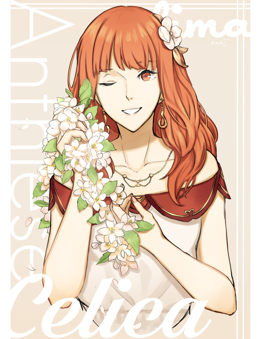1girl absurdres celica_(fire_emblem) fire_emblem fire_emblem_echoes:_mou_hitori_no_eiyuuou fire_emblem_gaiden flower hakirino highres holding holding_flower jewelry looking_at_viewer necklace one_eye_closed portrait red_eyes redhead smile solo