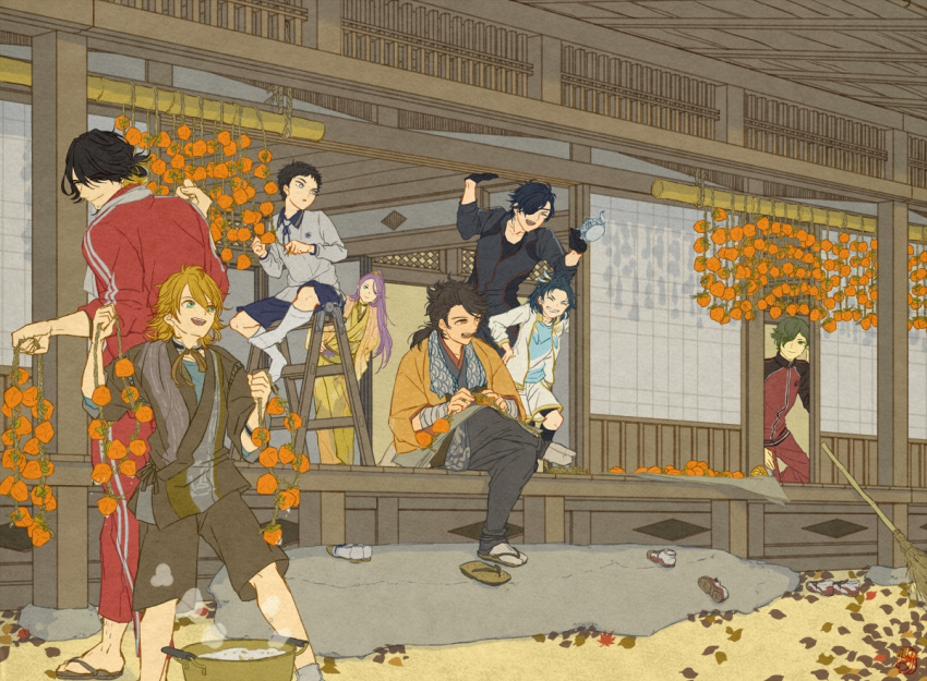 6+boys atsushi_toushirou broom casual food fruit gotou_toushirou hachisuka_kotetsu japanese_clothes japanese_house male_focus multiple_boys mutsu-no-kami_yoshiyuki nagasone_kotetsu norishio rope shokudaikiri_mitsutada stepladder taikogane_sadamune touken_ranbu uguisumaru