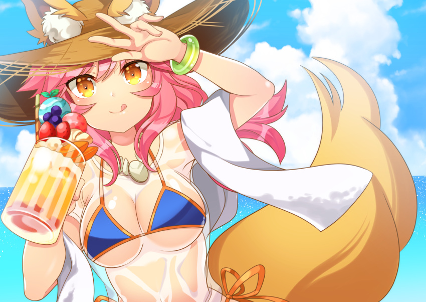 1girl :q animal_ears bikini bikini_top blue_bikini blue_sky breasts cleavage clouds cloudy_sky commentary_request fate/extra fate/grand_order fate_(series) fox_ears fox_tail hat holding horizon jewelry long_hair looking_at_viewer mozzarella necklace ocean orange_eyes parfait pink_hair see-through shirt sky smile solo straw_hat swimsuit t-shirt tail tamamo_(fate)_(all) tamamo_no_mae_(swimsuit_lancer)_(fate) tongue tongue_out