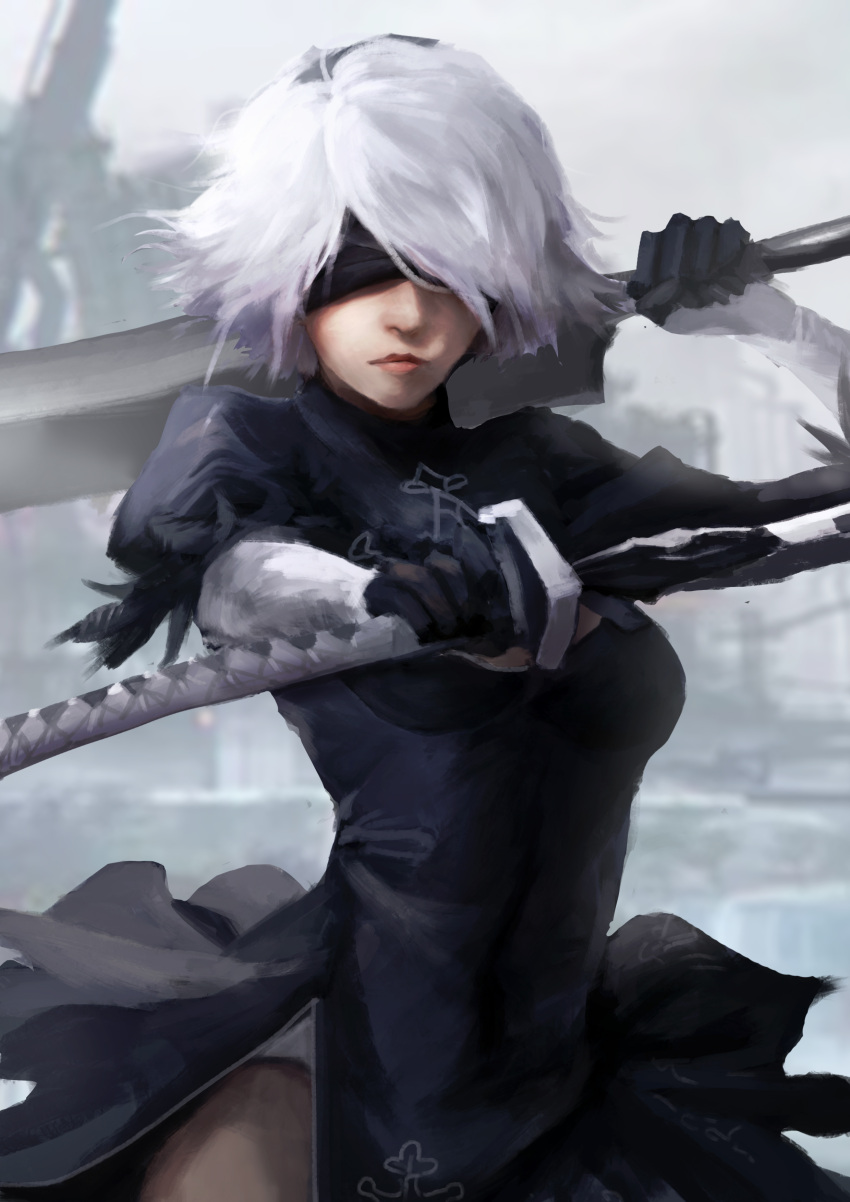 absurdres black_dress blindfold cleavage_cutout covered_eyes cowboy_shot dress facing_viewer feather-trimmed_sleeves highres holding holding_sword holding_weapon juliet_sleeves lien-tsu long_sleeves nier_(series) nier_automata puffy_sleeves silver_hair sword sword_behind_back thighs vambraces weapon yorha_no._2_type_b