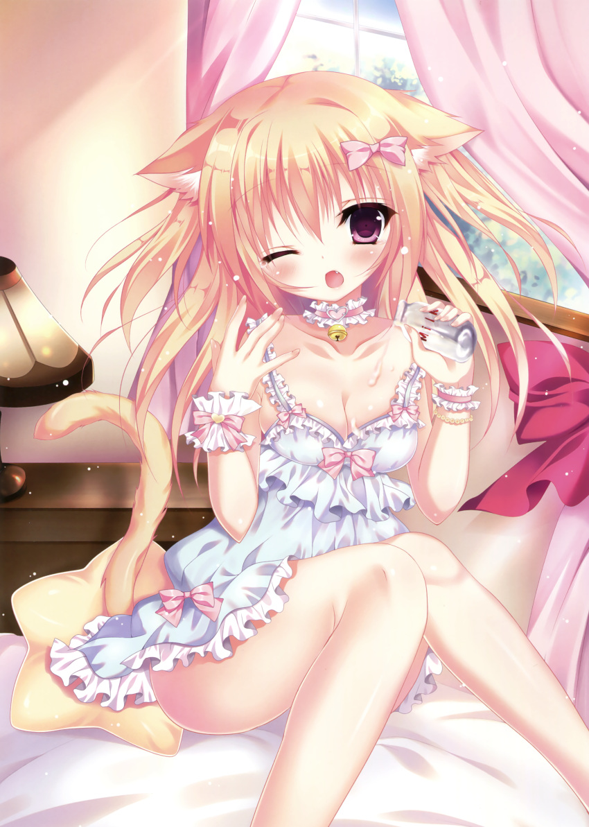 1girl ;&lt; absurdres animal_ears bangs bell bent_knees blonde_hair bottle bow bracelet breasts cat_ears choker cleavage cream curtains dress eyebrows_visible_through_hair hair_between_eyes hair_bow heart highres himemiya_niina holding jewelry knees_together_feet_apart lamp long_hair milk_bottle original pillow pink_bow pink_curtains plant scan solo table tail violet_eyes wall window